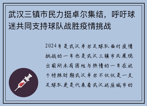 武汉三镇市民力挺卓尔集结，呼吁球迷共同支持球队战胜疫情挑战